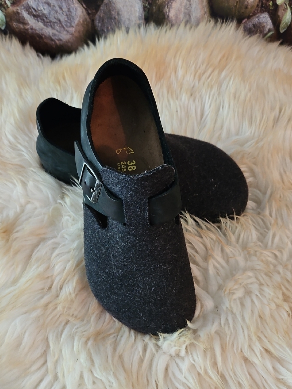 Birkenstock Dark Gray Felt Slip-On Clog with Black Buckle